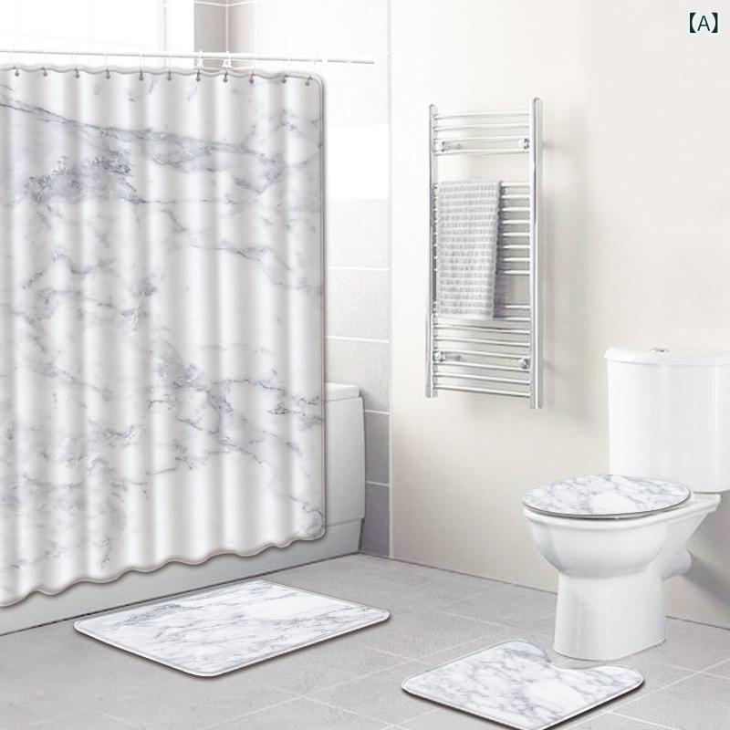 バスマット シャワーカーテン セット 滑り止め 大理石柄 プリント バスルーム 浴室 足ふきマット トイレマット 4点セット 速乾 吸水 北欧風 おしゃれ 洗面所 インテリア