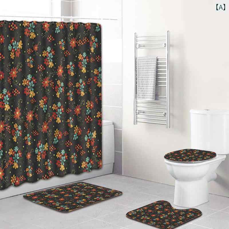 シャワーカーテン 浴室足ふきマット 4点セット トイレマット バスマット 花柄 ポリエステル製 吸水 速乾 洗える 滑り止め付き おしゃれ 撥水 防カビ