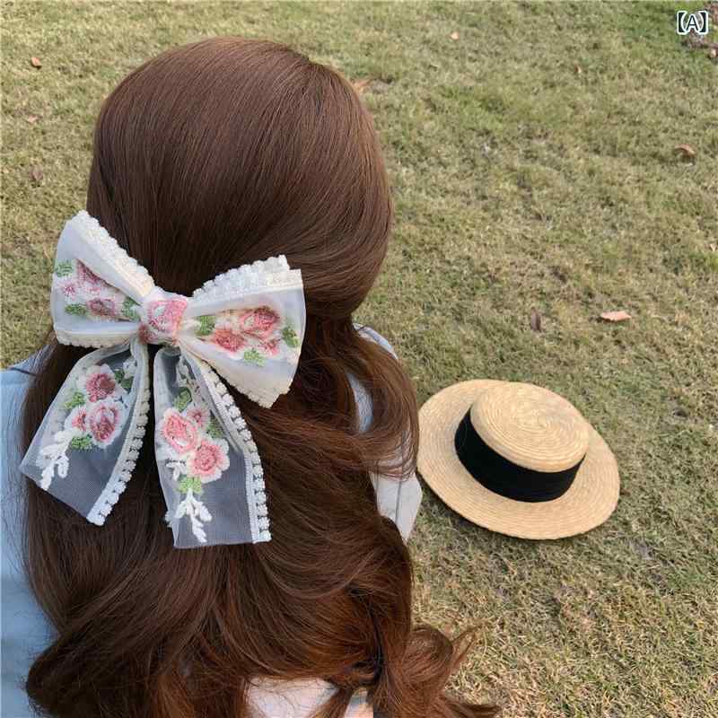 ヘアクリップ レディース リボン 大きめ 刺繍 花柄 ロングタッセル ロリータ風 髪飾り 髪留め スプリングヘアピン フェミニン かわいい ヘアアクセサリー