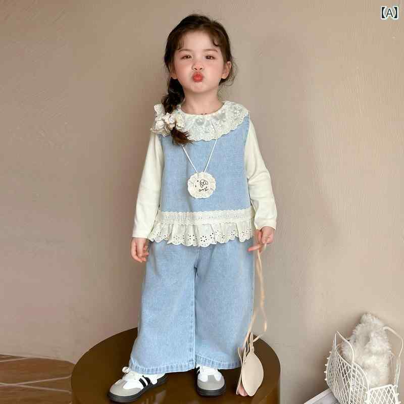 セットアップ キッズ 女の子 春秋 長袖 デニム アウター Tシャツ ロングパンツ 3点セット 綿 かわいい カジュアル 子供服