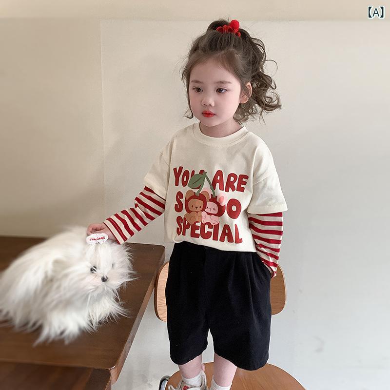 Tシャツ キッズ 女の子 長袖 重ね着風 フェイクレイヤード トップス カットソー ロ...