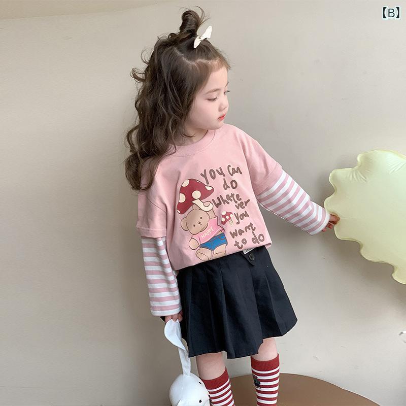Tシャツ キッズ 女の子 長袖 重ね着風 フェイクレイヤード トップス カットソー ロ...