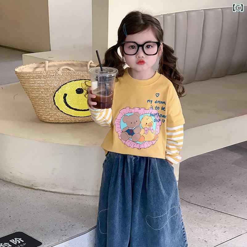 Tシャツ キッズ 女の子 長袖 重ね着風 フェイクレイヤード トップス カットソー ロ...
