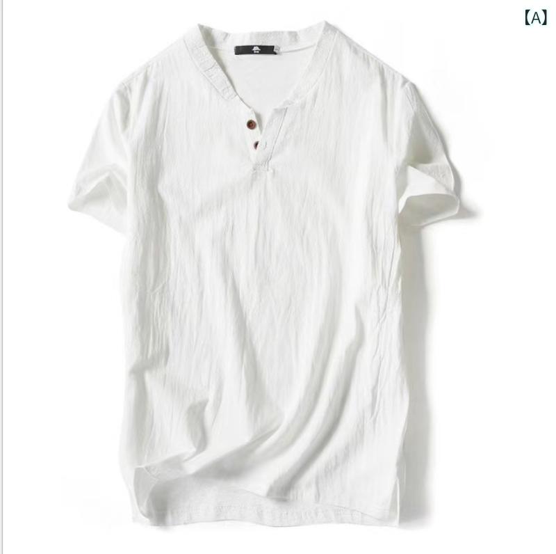 ・カテゴリ: 綿麻Tシャツ・性別: メンズ・対象年齢: 大人・スタイル: 和風・: プルオーバー・シーン: カジュアル・主な素材: リネン35%・柄: 無地・ネックライン: Vネック・袖丈: 半袖・袖タイプ: レギュラー・シルエット: ゆったり・厚さ: 薄手・ディテール: ボタン・加工: 形態安定・対象: 大きいサイズ・カラー展開: ホワイト、ブラック、ネイビー、スカイブルー、アプリコット、グレーブルー・サイズ展開: M、L、XL、XXL、XXXL、XXXXL、5XL