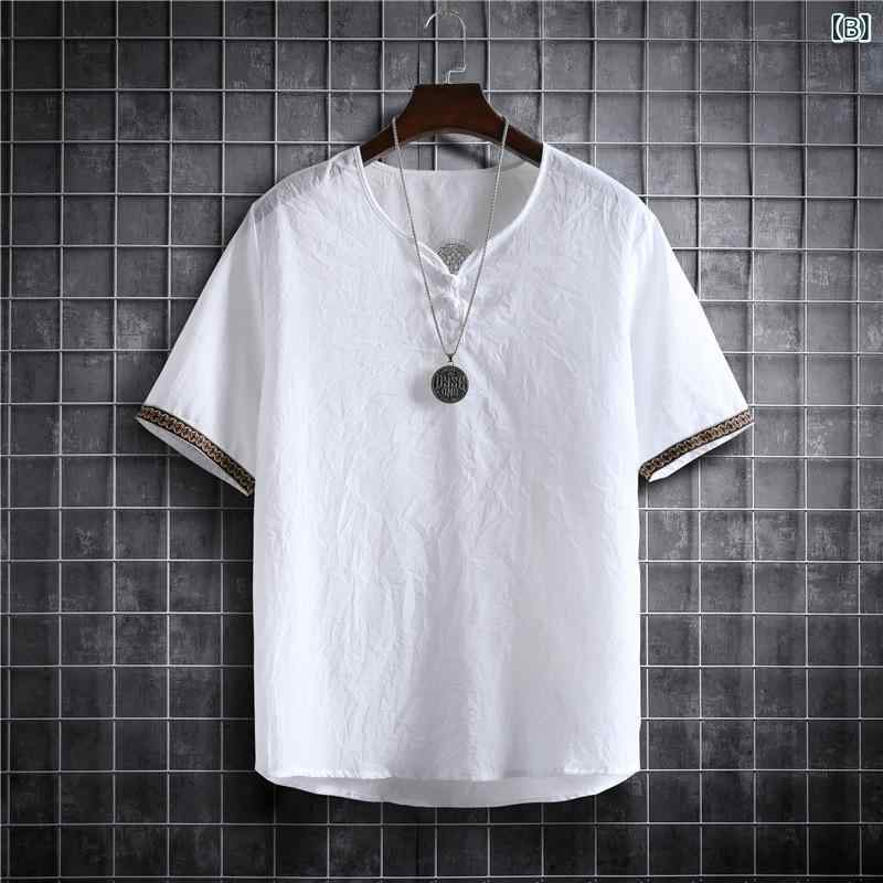 narukiのTシャツ メンズ 春夏 コットンリネン風 接触冷感 薄手 チャイナ風 チャイナボタン エスニック プルオーバー Vネック 涼しい 快適 無地 おしゃれ｜アングル2