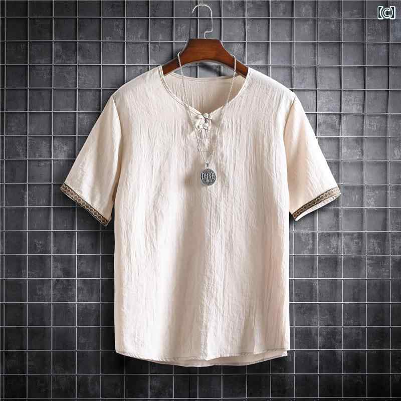 narukiのTシャツ メンズ 春夏 コットンリネン風 接触冷感 薄手 チャイナ風 チャイナボタン エスニック プルオーバー Vネック 涼しい 快適 無地 おしゃれ｜アングル3