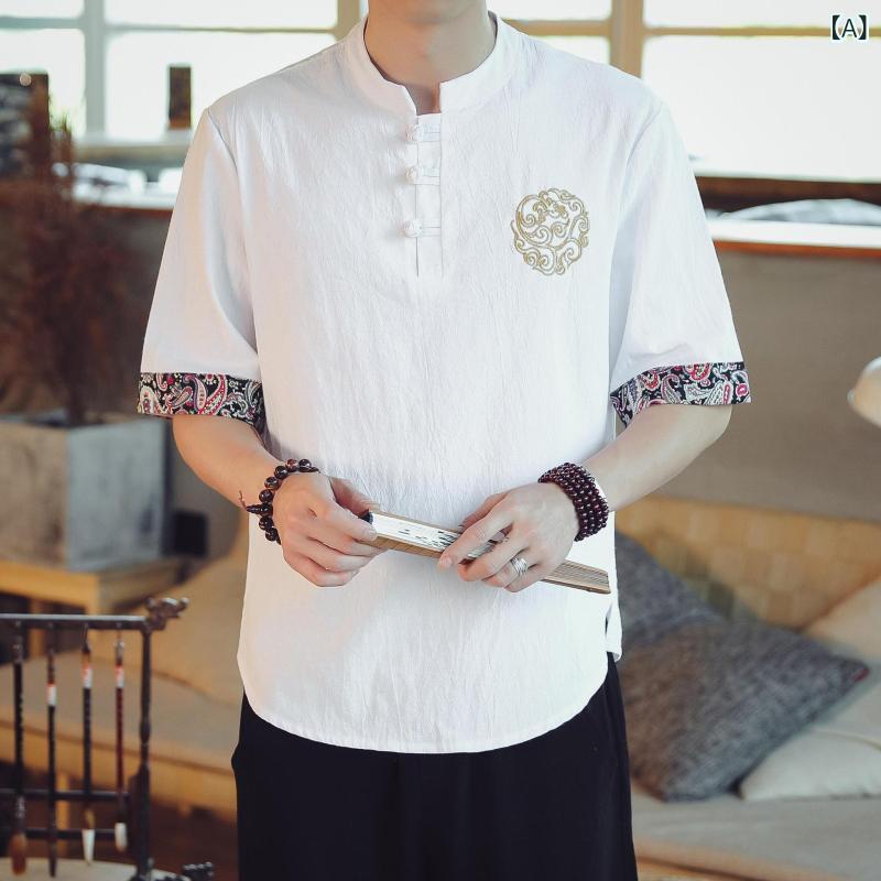 ・カテゴリ: Tシャツ・スタイル: 中国風・タイプ: プルオーバー・対象性別: メンズ・対象年齢層: 24-35歳・主な素材: 綿混紡 (綿71-80%)・柄: 無地・シルエット: ルーズフィット・ネックライン: スタンドカラー・袖丈: 半袖・袖タイプ: レギュラー・厚さ: 薄手・シーン: カジュアル・ディテール: 刺繍・加工: ノーアイロン加工・機能: 透湿性・重量: 180g-250g・カラー展開: ホワイト、ブラック、ネイビー、グレーブルー、フルーツグリーン・サイズ展開: M、L、XL、XXL、3XL、4XL、5XL