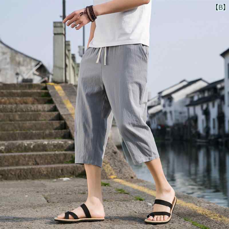narukiのパンツ メンズ 春夏 リネン ワイドパンツ カジュアル 薄手 クロップドパンツ 接触冷感 ゆったり 7分丈 8分丈 ボトムス 無地 涼しい 通気性｜アングル2