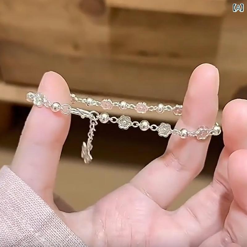 ブレスレット レディース シルバー 桃の花 蝶 手作り ハンドメイド アクセサリー 華奢 細め 爽やか 上品 金属アレルギー対応 贈り物