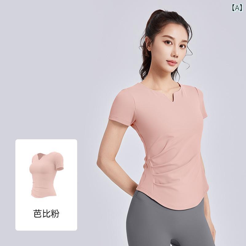Tシャツ レディース 半袖 Vネック ギャザー カップ付き フィットネス ヨガウェア スポーツウェア 吸汗速乾 通気性 伸縮性 無地 ランニング ジョギング 運動 重ね着風 ピラティス ジム