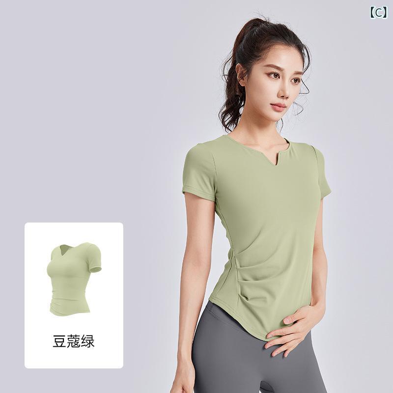 narukiのTシャツ レディース 半袖 Vネック ギャザー カップ付き フィットネス ヨガウェア スポーツウェア 吸汗速乾 通気性 伸縮性 無地 ランニング ジョギング 運動 重ね着風 ピラティス ジム｜アングル3
