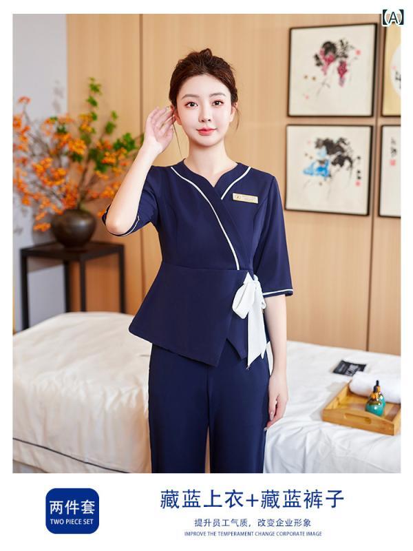 セットアップ レディース サロン 制服 五分袖 エステ 整体 施術着 ユニフォーム Vネック 涼しい 動きやすい 無地 ネイビー ブラック グリーン 大きいサイズ 美容 飲食店 リラクゼーション