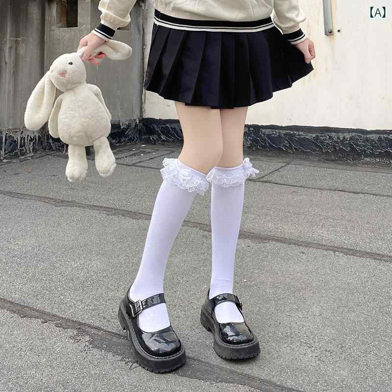 靴下 レディース ロリータ レース リボン 中筒 シースルー 防滑 抗菌 吸汗 かわいい ブラック ホワイト 2足セット フリーサイズ