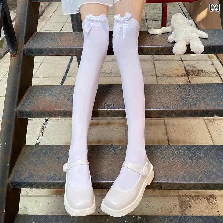 靴下 レディース ニーハイソックス ロング ロリータ風 かわいい リボン付き ベルベット素材 速乾 防滑 吸汗 摩擦防止 白 黒 白 白ソックス 四季 通学