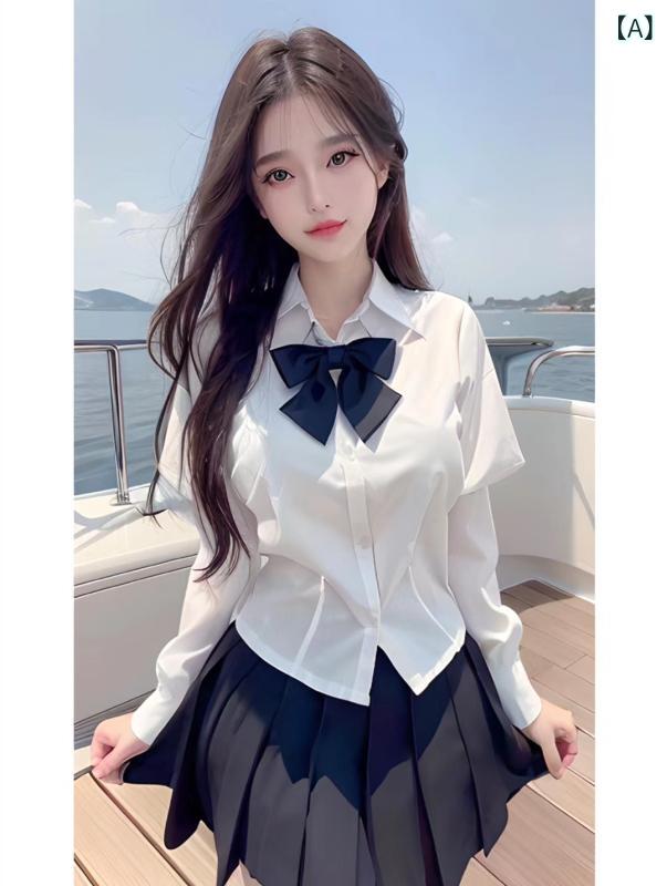 シャツ レディース 春秋 制服風 セットアップ 長袖 白シャツ ミニスカート プリーツスカート リボン タイト かわいい
