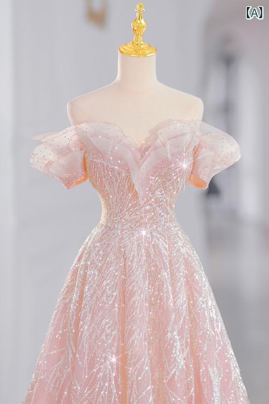・カテゴリ: 婚紗・ドレス・カラー展開: ピンク（フロアレングス）、ピンク（トレーン）・サイズ展開: XS、S、M、L、XL、XXL・ドレスのシルエット: プリンセスライン・デザイン特徴: 編み上げ・ネックライン: オフショルダー・袖丈: ノースリーブ・スカート丈: ロング丈・ウエストライン: ミディアムウエスト・対象年齢: 成人・対象性別: 女性