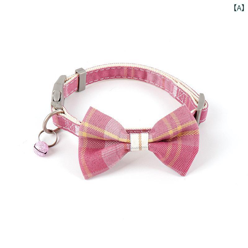 ペット首輪 猫用 調節可能 格子柄 蝶ネクタイ 鈴付き ネックレス アクセサリー コットン 軽量 かわいい