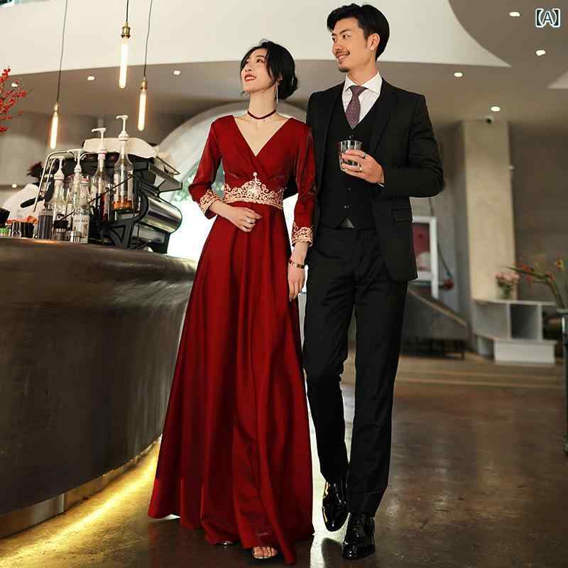 ドレス レディース 秋冬 結婚式 披露宴 二次会 パーティー 発表会 演奏会 お呼ばれ ウェディング カラードレス イブニングドレス ロングドレス ミディアムドレス Aライン ボルドー 赤 ハイウエスト 体型カバー 記念日