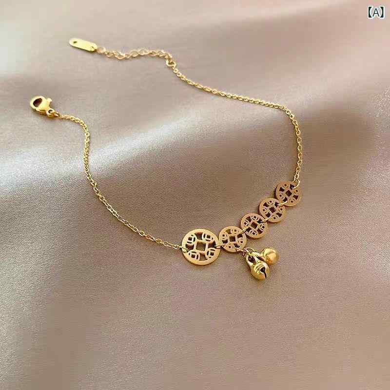 アンクレット レディース ひょうたん コイン フリンジ ベル チタン鋼 18K 金メッキ アレルギー対応 錆びない ゴールド 金属アレルギー対応 幸運 アジアン エスニック カジュアル