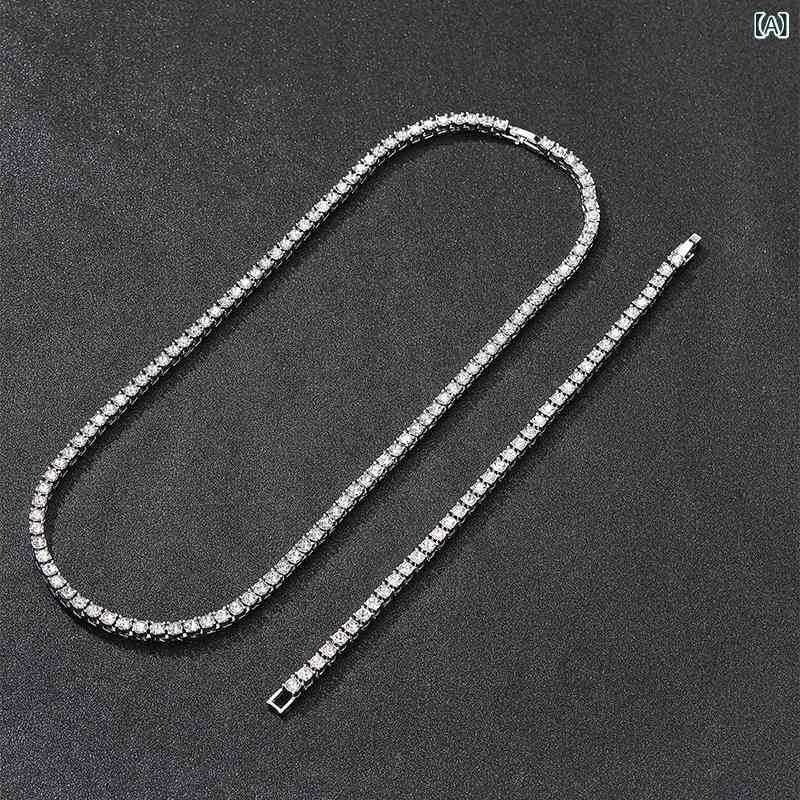 ネックレス メンズ レディース アクセサリー セット 4mm テニスチェーン ブレスレット ジルコニア 電気メッキ 合金 ヒップホップ ストリート ゴールド シルバー ペア リンクチェーン ジュエリー