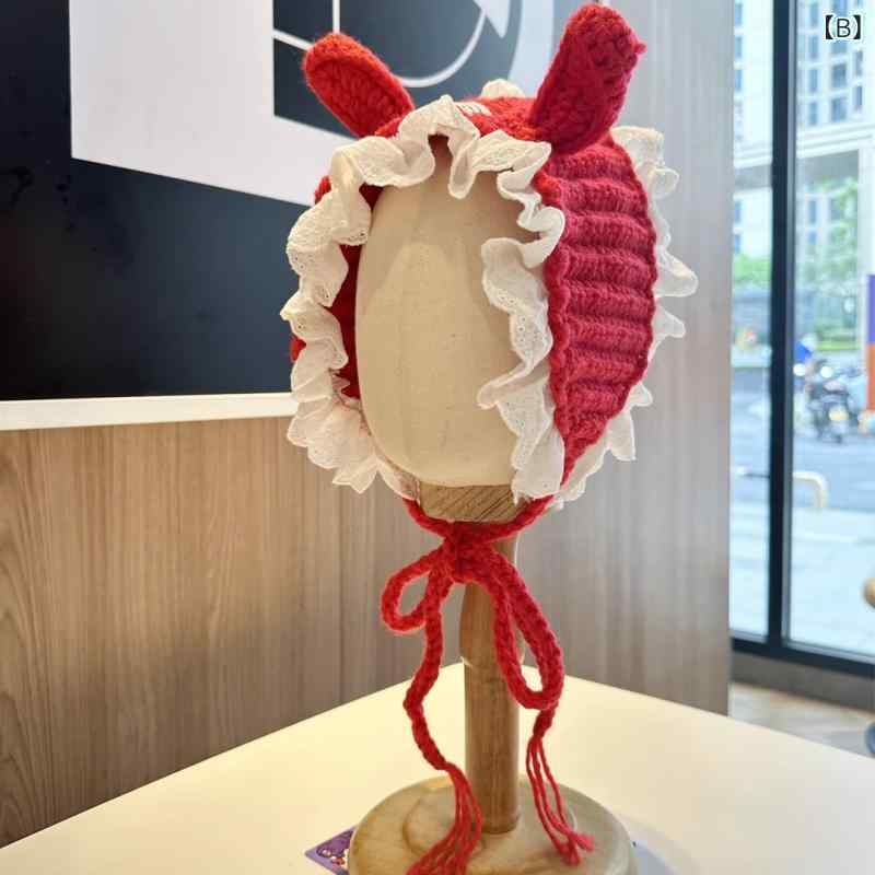 ニット帽 レディース 秋冬 保暖 手編み うさ耳 レース ヘアバンド ヘッドドレス か...