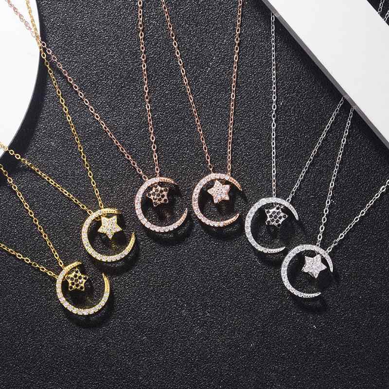 ネックレス レディース シルバー925 星 月 モチーフ ジルコニア ダブルチェーン ペンダント 極細 華奢 重ね付け風 金属アレルギー対応 デコルテチェーン オフィス 通勤用 カジュアル 上品 エレガント かわいい