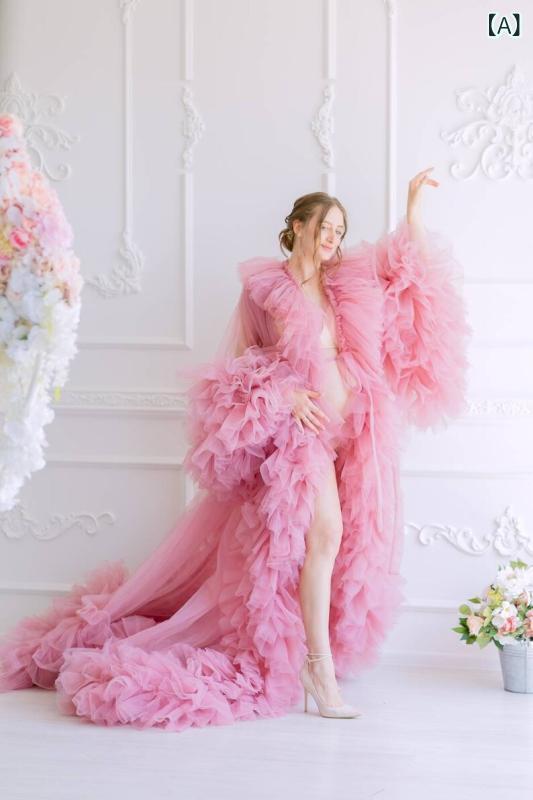 ・カテゴリ: ワンピース・ネックライン: Vネック・袖丈: 九分袖・生地名: チュール・主な素材: ナイロン（95%以上）・柄: 無地・スカート丈: ロングスカート・カラー展開: ピンク、コーラルピンク・サイズ展開: S、M、L、XL・スカートの形: 切替スカート・スタイル: フェミニン、スウィート・デザインの特徴: チュール・袖のデザイン: フリルスリーブ・加工技術: シャーリング
