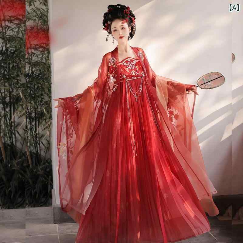 ・カテゴリ: 漢服・主な素材: ポリエステル（シフォン）・カラー展開: レッド（ワイドスリーブトップス＋訶子裙＋双披帛）、レッド（ワイドスリーブトップス刺繍）・サイズ展開: S、M、L、XL
