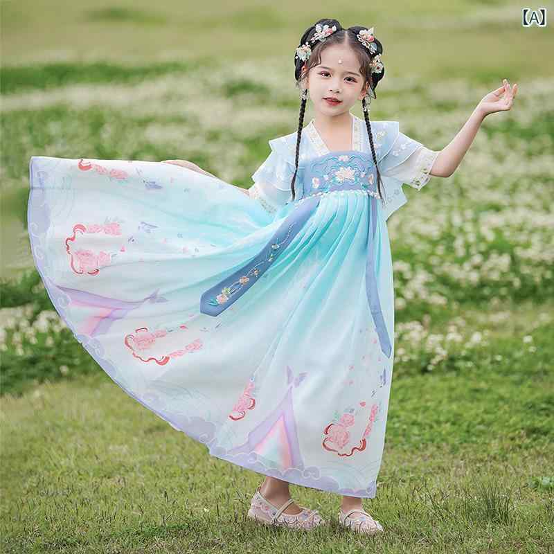 ワンピース キッズ 女の子 唐装 漢服 古風 中華風 シフォン 五分袖 薄手 プリント 花柄 リボン 切り替え かわいい 夏用 レトロ ジュニア