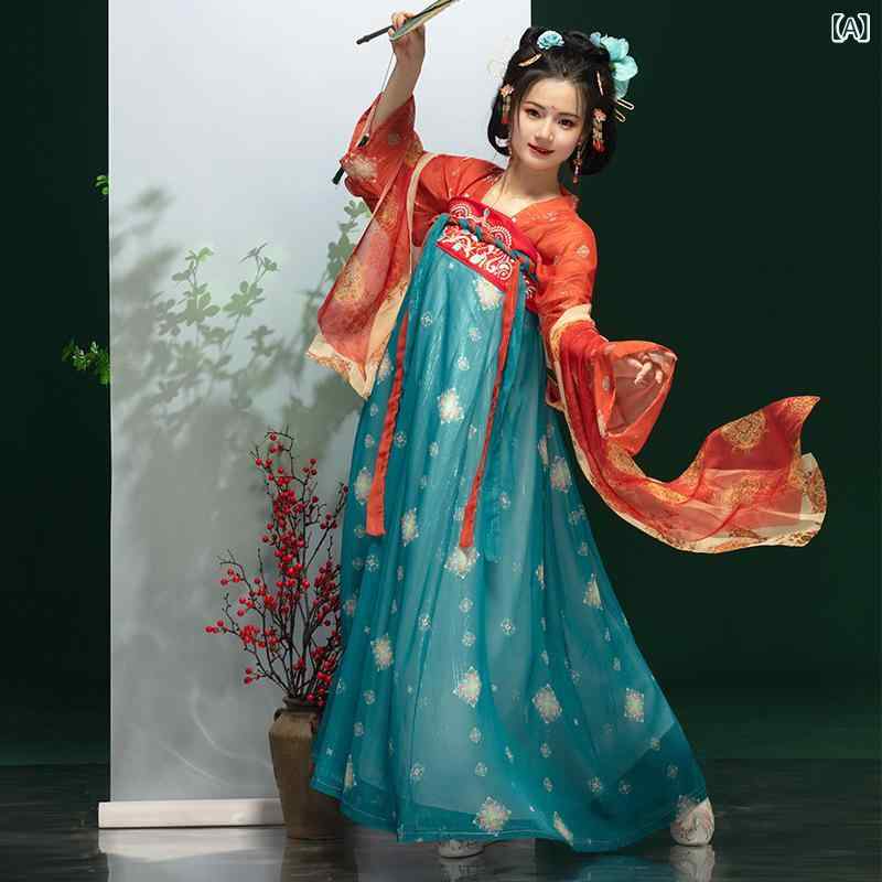 ・カテゴリ: 汉服・生地: シフォン・主な素材: スパンデックス（90%以上95%未満）・カラー展開: レッド（レッドトップス＋ブルースカート）、グリーン（グリーントップス＋ブルースカート）・サイズ展開: XS、S、M、L、XL・加工技術: 絞り染め・デザイン要素: シースルー