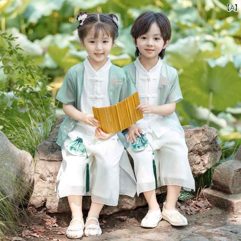 ・カテゴリ: 子供用唐装・民族衣装・スタイル: 中国風・セット内容: セットアップ・柄: 花柄、プリント・素材: ポリエステル ・生地の特徴: 柔軟加工、薄手・カラー展開: グリーン・サイズ展開: 90cm、100cm、110cm、120cm、130cm、140cm、150cm、160cm、170cm、180cm・対象性別: 男女兼用・推奨年齢: 3〜8歳（身長100〜140cm）・安全基準: B類