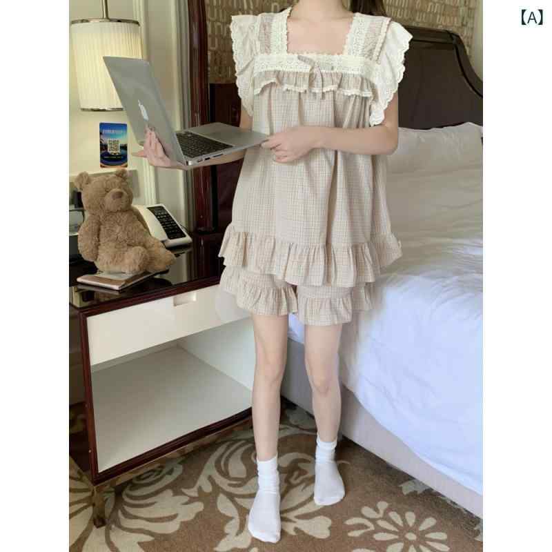 パジャマ レディース ルームウェア 部屋着 半袖 ショートパンツ 春夏 コットン混 軽量 通気性 ゆったり チェック柄 韓国風 フリル かわいい ペア