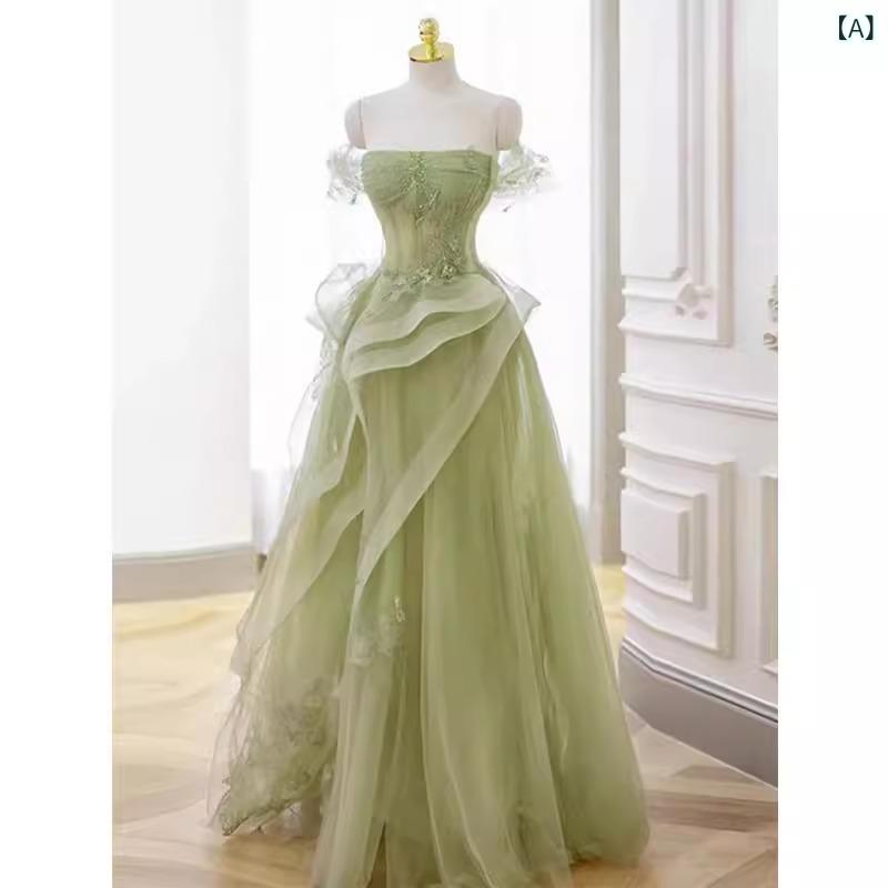・カテゴリ: ドレス、イブニングドレス・ネックライン: ベアトップ・襟型: 斜め襟・袖丈: ノースリーブ・カラー展開: グリーン・サイズ展開: XS、S、M、L、XL、XXL、XXXL・着用シーン: 結婚式・スカート丈: ロング丈・ウエスト: 中腰・デザイン特徴: 編み上げ・対象: 大人・性別: 女性・ドレスの裾型: プリンセスライン・加工技術: 先染め・対象体型: 標準体型