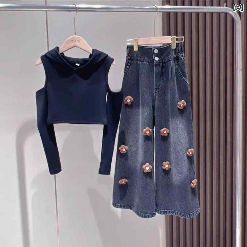 ・カテゴリ: 子供服セット・性別: 女児・スタイル: カジュアル・セット内容: トップス、パンツの2点セット・対象年齢: 8歳以上（身長140cm以上）・袖丈: 長袖・パンツ丈: ロングパンツ・厚さ: 普通・柄: 花柄・生地: デニム・主な素材: 綿 51%-71%・安全基準: B類・着用タイプ: プルオーバー・カラー展開: ブラック（半袖パーカー）＋ブラウン（花柄ボタンデニムパンツ）、ホワイト（半袖パーカー）＋ブラウン（花柄ボタンデニムパンツ）、ブラック（半袖パーカー）＋ブルー（花柄ボタンデニムパンツ）、ホワイト（半袖パーカー）＋ブルー（花柄ボタンデニムパンツ）、ブラック（半袖パーカー）、ホワイト（半袖パーカー）、ブラウン（花柄ボタンデニムパンツ）、ブルー（花柄ボタンデニムパンツ）・サイズ展開: 120、130、140、150、160、170