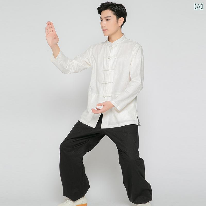 ・カテゴリ: 太極拳服・対象性別: 男性・対象年齢: 成人・柄: 無地・素材: 亜麻 50%・カラー展開: ホワイト、ブラック、ブラウン・サイズ展開: S、M、L、XL、XXL