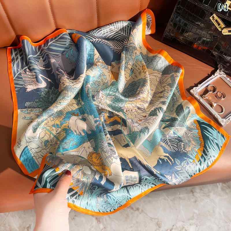 スカーフ レディース 春秋 シルク調 正方形 スクエア 薄手 アニマル柄 プリント 上...