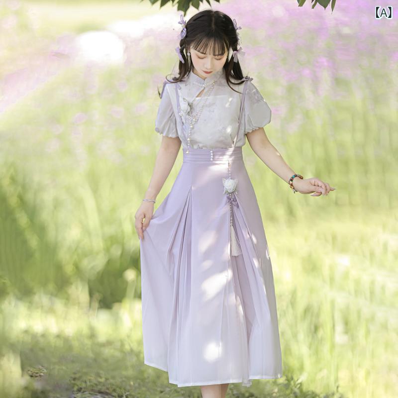 ・カテゴリ: 漢服スカート・主な素材: ポリエステル（ポリエステル繊維95%以上）・カラー展開: シャツ+キャミソール+サスペンダースカート、シャツ、汎用キャミソール、サスペンダースカート・サイズ展開: S、M、L・袖丈: 箭袖・スタイル: 漢服・装飾: 刺繍