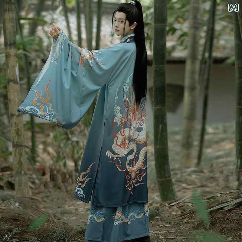 ・主な素材: ポリエステル・工芸: 縫製・カラー展開: 瓊楼3点セット（ワイドスリーブトップス＋トップス＋スカート）, 竹韻3点セット, 清風3点セット（ワイドスリーブトップス＋トップス＋スカート）, 霊狐3点セット（ワイドスリーブトップス＋トップス＋スカート）, 君如意白3点セット（ワイドスリーブトップス＋トップス＋スカート）, ブラック龍紋マント, ブルーマント, 浮舟イエロー3点セット, 浮舟ブルー3点セット, 雲中鹿3点セット（ワイドスリーブトップス＋トップス＋スカート）, 凌竹3点セット, 墨蘭ブラック3点セット, 凌霄度3点セット, 墨蓮2点セット（アクセサリーなし）, 霊狐2点セット, 墨龍2点セット, ブラックセット, ホワイト飛魚服（ベルト・リストバンドなし）, レッド飛魚服（ベルト・リストバンドなし）, ブルー飛魚服（ベルト・リストバンドなし）・サイズ展開: S, M, L, XL, 2XL, 3XL, 4XL・スタイル: レトロ・対象: メンズ