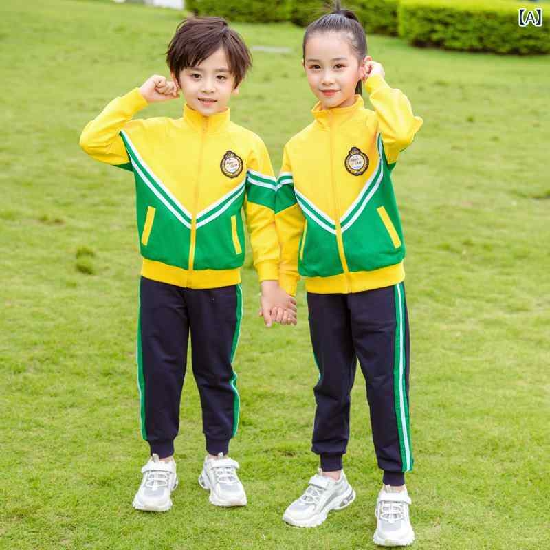 ・カテゴリ: 制服・スクールウェア・スタイル: スクール風・対象性別: 男女兼用・対象年齢: キッズ（3〜8歳、100〜140cm）・セット内容: トップス＋パンツ（長袖＋長ズボン）・主な素材: 綿（70%以上80%以下）・開閉仕様: ジップアップ・フード: なし・カラー展開: イエロー、レッド・対応身長: 110cm、120cm、130cm、140cm、150cm、180cm