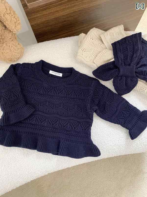 ・カテゴリ: キッズセーター・対象性別: 女の子・スタイル: 欧米風・対象年齢: 1〜3歳（80〜100cm）・生地加工: 柔軟加工・毛糸の太さ: 細毛糸・厚さ: 普通・袖丈: 長袖・デザイン: プルオーバー・主な素材: レーヨン（43%）・ネックライン: クルーネック・フード: なし・カラー展開: ロイヤルブルー、ライトアプリコット、ロイヤルブルーマフラー、ライトアプリコットマフラー・サイズ展開: 73cm、80cm、90cm、100cm、110cm、ワンサイズ