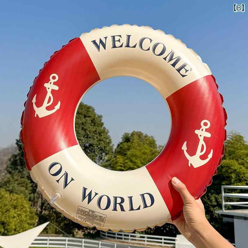 浮き輪 大人 子供 キッズ レトロ マリン風 イカリ柄 厚手 丈夫 水遊び プール 海水...