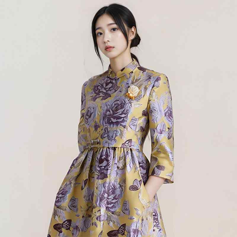 ワンピース レディース チャイナドレス 秋 ジャガード ふんわり レトロ 中華風 スタンドカラー 七分袖 ロング丈 エレガント きれいめ お呼ばれ 上品