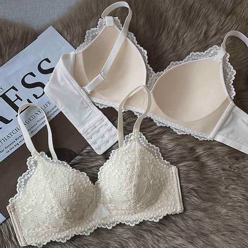 ブラジャー レディース レース ノンワイヤー 三角カップ 薄手 盛れる 谷間メイク 脇高 垂れ防止 通気性 かわいい リボン 下着 インナー