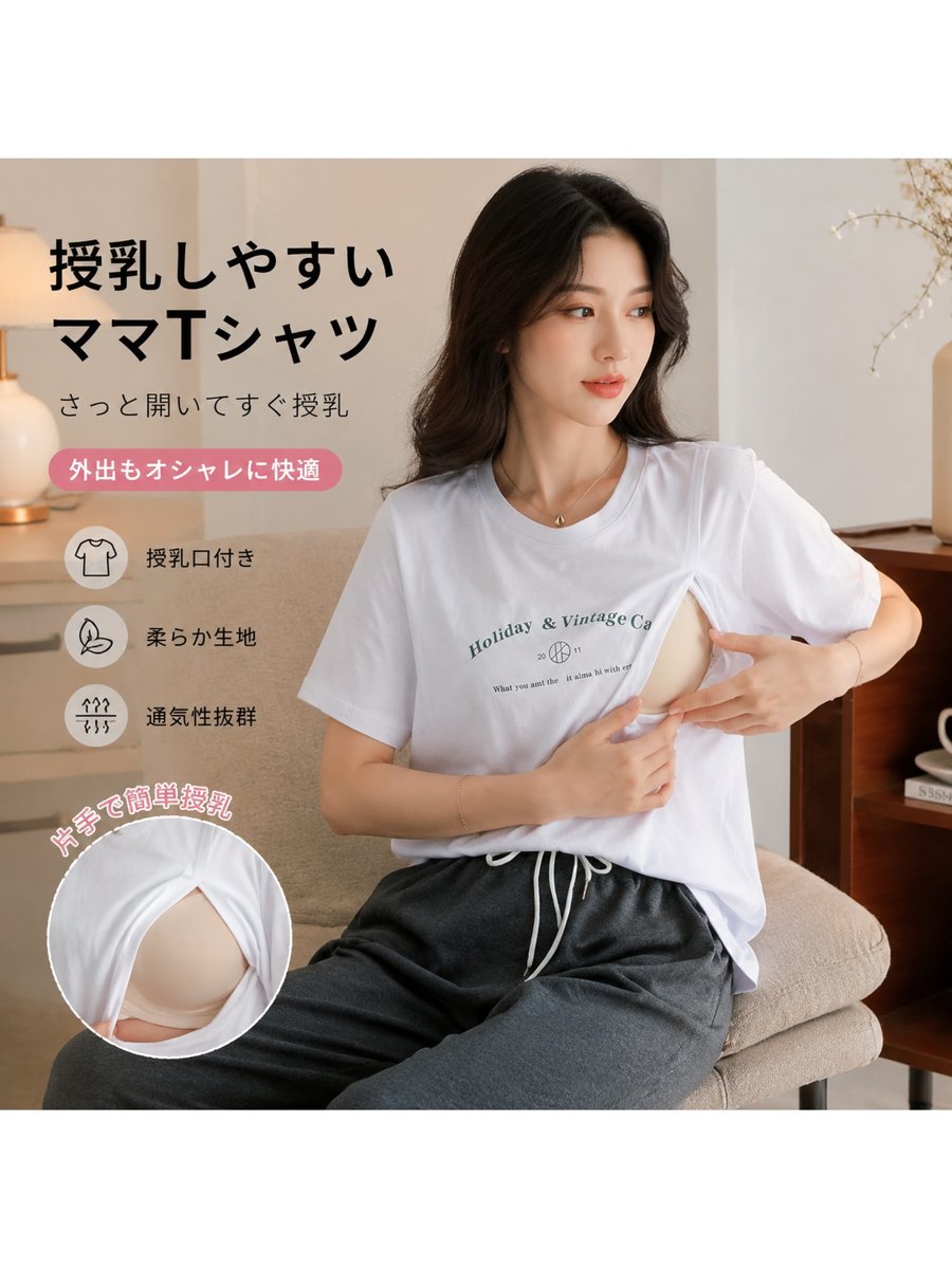 Tシャツ レディース カットソー 半袖 授乳トップス 夏用半袖Tシャツ マタニティ・産後服 カジュアル ルーズフィット 授乳シャツ 快適な夏服