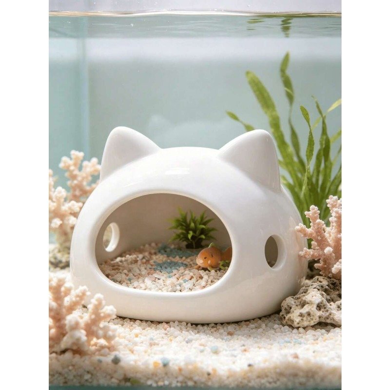 石 1個 水槽用猫の隠れ家 猫耳デザイン - ベタ、ゼブラフィッシュ、エビに適した水槽シェルター - 淡水魚の安全のための多穴水循環付き大型中空隠れ家 水槽用取り付け