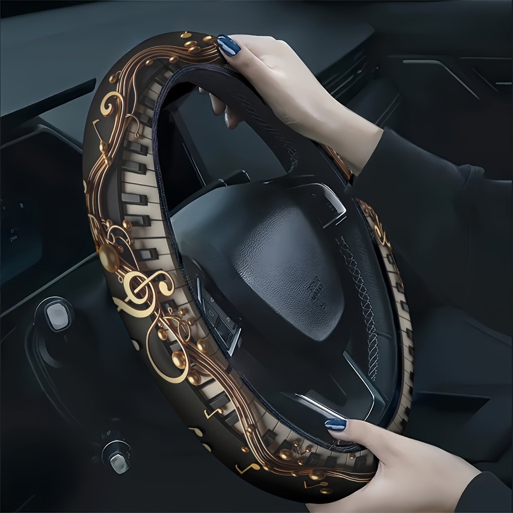 ハンドルカバー おしゃれ 1個 車用ステアリングホイールカバー 金色の音符とピアノ鍵盤アートテーマの2Dプリント 洗濯可能でお手入れ簡単 取り付け簡単 肌触り快適 オールシーズン対応汎用ステアリングホイールプロテクター 男女兼用のおしゃれなカーインテリアアクセサリー