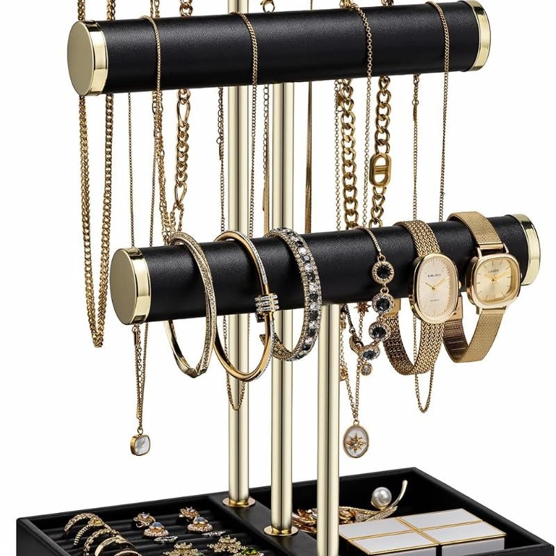 アクセサリースタンド ネックレス 3点セット PUレザー ジュエリーオーガナイザー 簡単組立 ネックレスハンガー 指輪・ブレスレット収納 女性向けギフト （ブラック）
