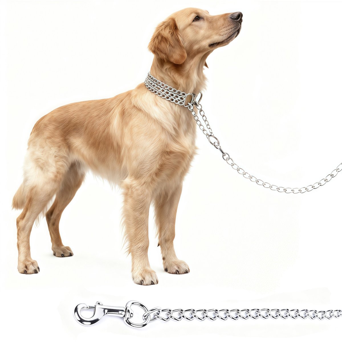 しつけ用首輪 高耐久 キューバン チェーン 犬用首輪 - 亜鉛合金製、ステンレススチール風エンド、3層チェーン、ダブルロックリング、噛みつき防止設計 - 噛みつきに強い、金属製リード付き、電池不要