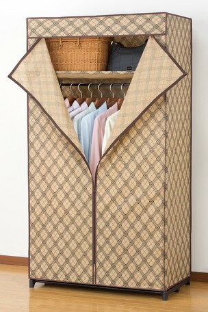 カバー付き クローゼットハンガー 90cm幅(服 洋服 衣類 収納 レトロ 上棚付き カバー付きクローゼット ハンガー クロス柄 収納ケース)