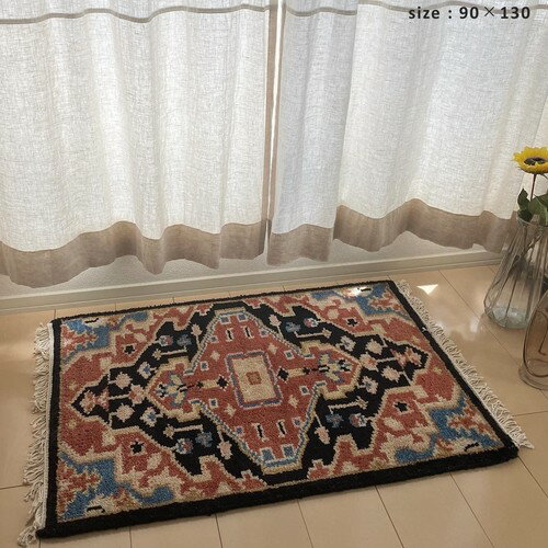 Rakuten - お部屋が明るくなる天然素材のトライバル風ラグ＜MADRAS＞90×130cm (ラグマット マット 上質 おしゃれ ウール 手織り ボリューム なめらか 肌触り 玄関用 北欧 新生活 インテリア カーペット 絨毯)